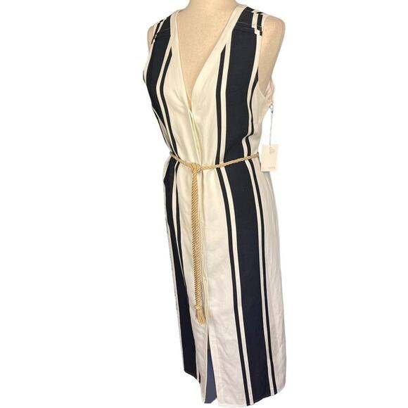 Ecru Black White Bold Stripe Button Front Sleeveless Dress Rope Belt Large NWT - Picture 4 of 8